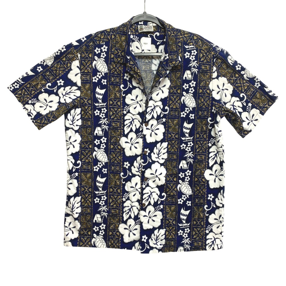 Aloha Republic Hawaiian Shirt Mens XL Blue Hibiscus Sea Turtle Made in USA